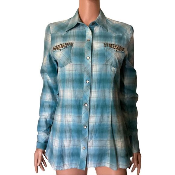 Women’s Stetson Turquoise Plaid Snap Front Shirt M - Picture 2 of 10